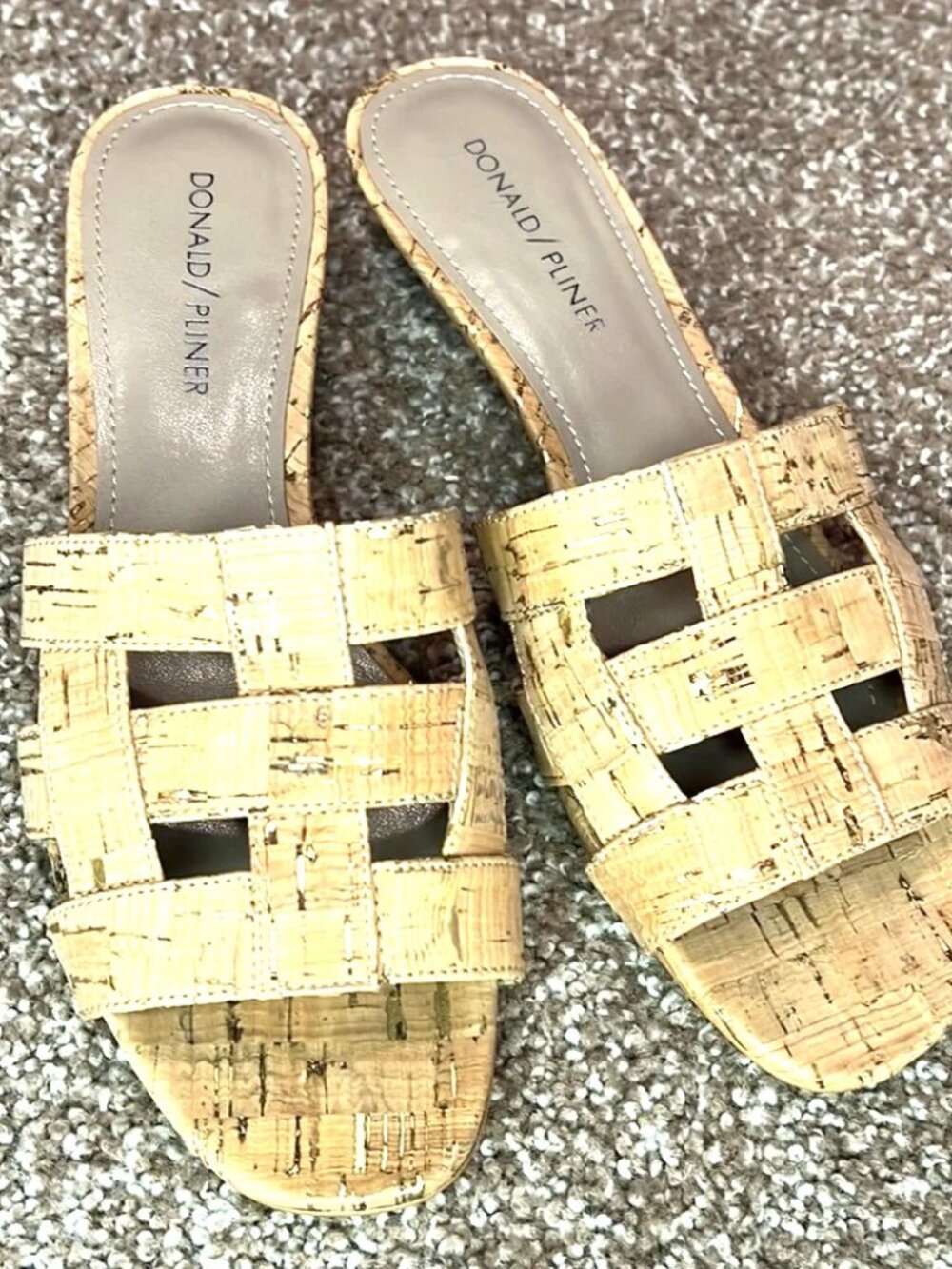 Donald J Pliner Etta cork metallic gold beige slide sandals kitten heels, US9.5